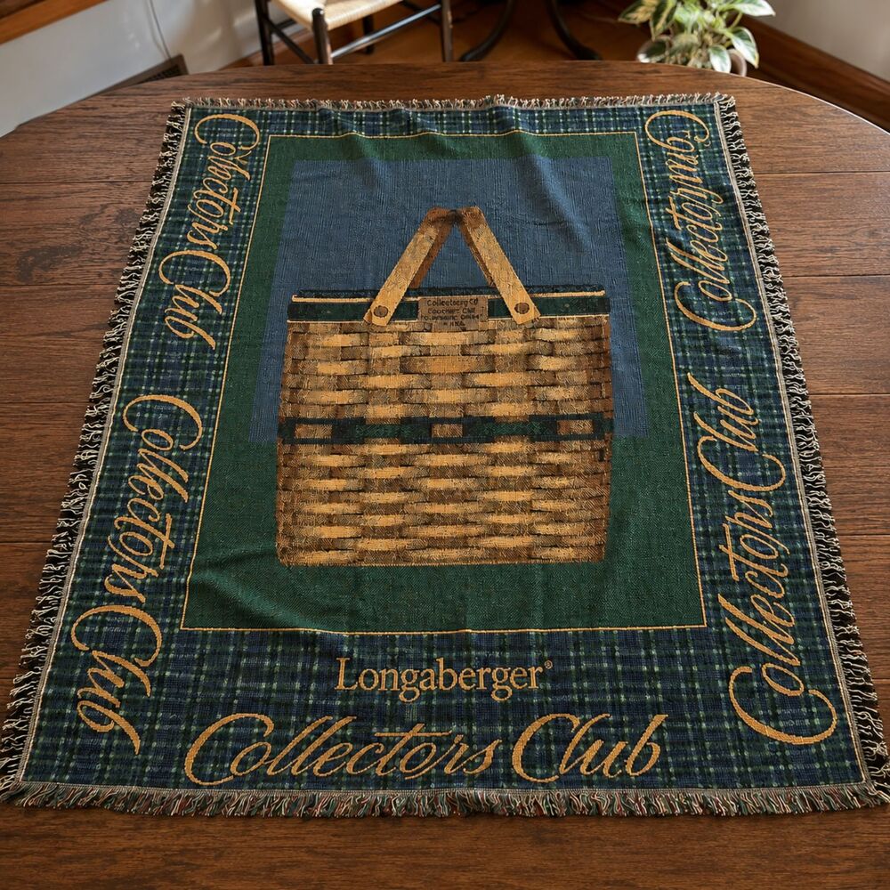 VTG Longaberger Collectors Club Throw Blanket Basket Design Green Blue cotton